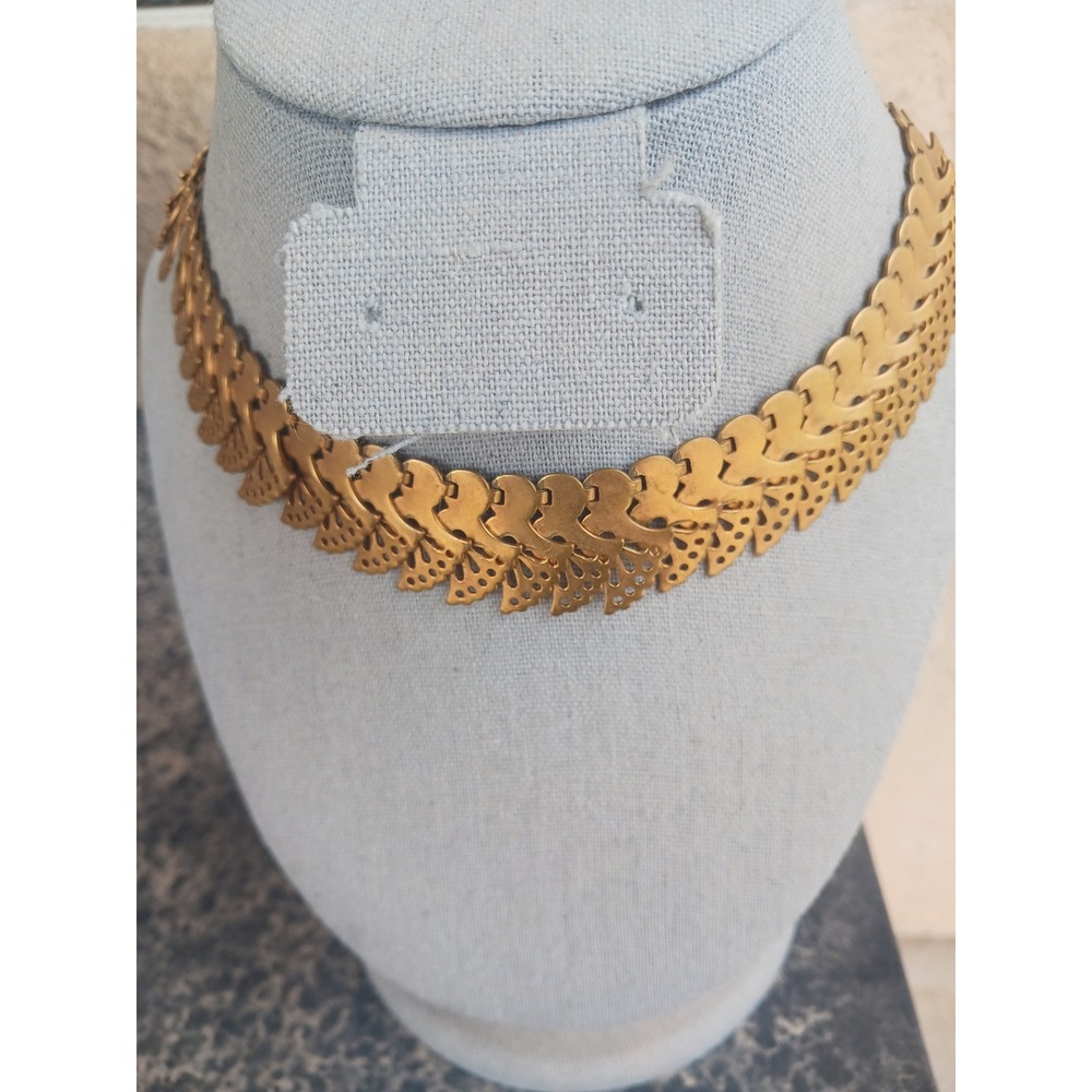 Vintage Gold Tone Fan Link Choker Necklace Scalloped Statement Collar 14.5 Inch